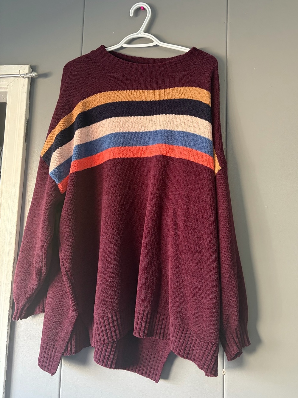 Women's Burgundy Striped Crewneck Sweater